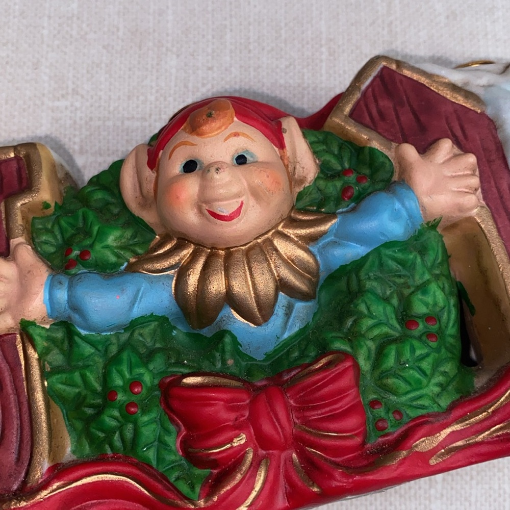 Robel Hall JOY Pixie Elf Trio Christmas Candle Holder Hand Painted 7" Vintage - Picture 8 of 11